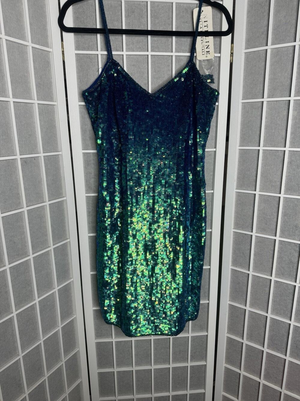 Niteline Della Roufogali Blue Green Sequin Dress Women's Size 2 80s Vintage